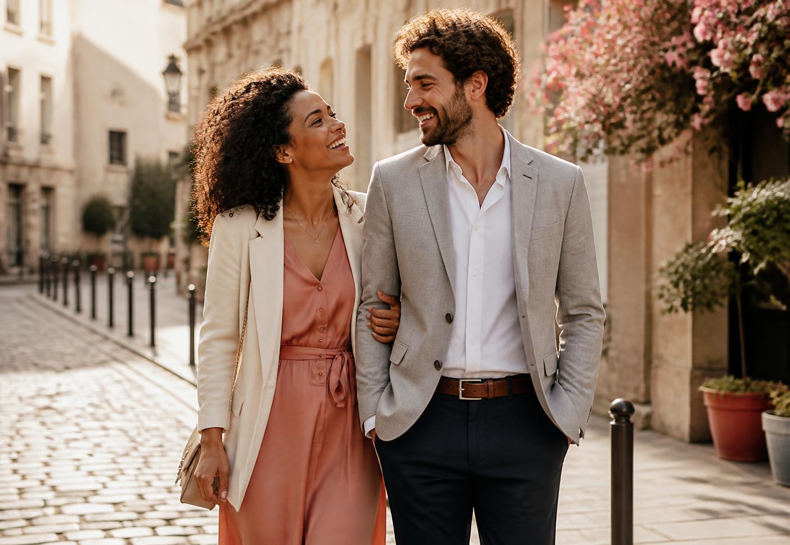 A couple walking together along a sunlit street