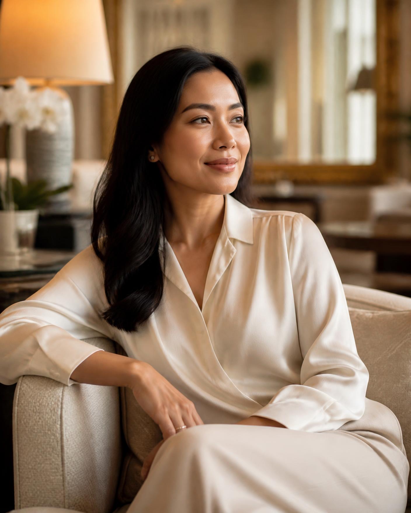 Portrait of a woman seated in a warm hotel lounge