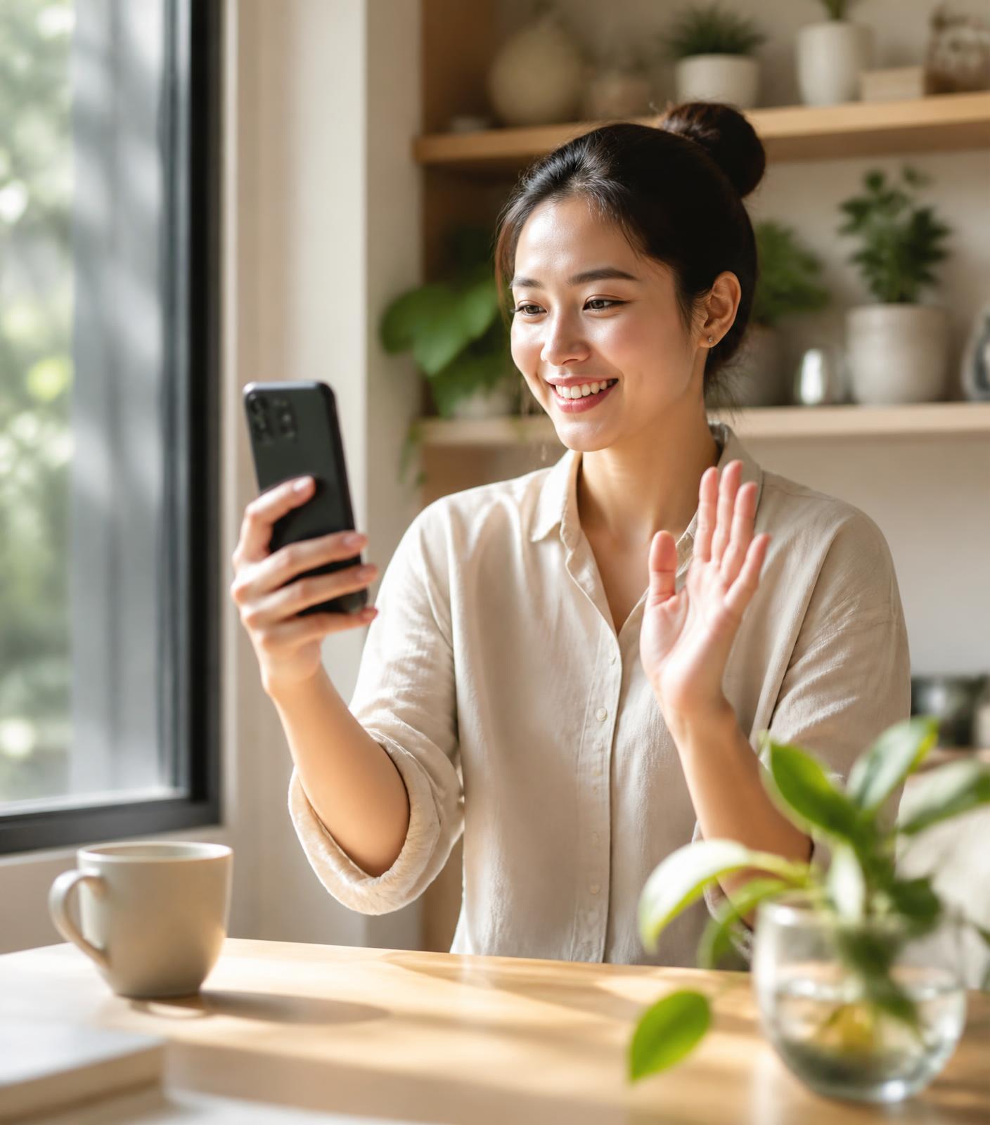 A woman smiling during a video call at home